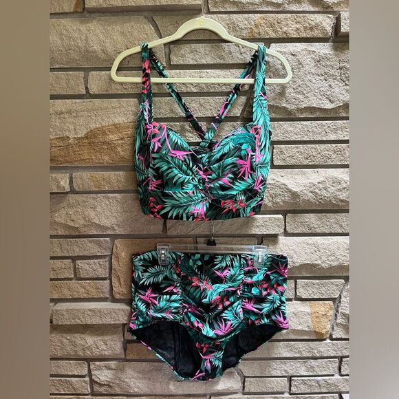 TORRID green palm and bird of paradise bikini set high waist black green 2x - Picture 3 of 13